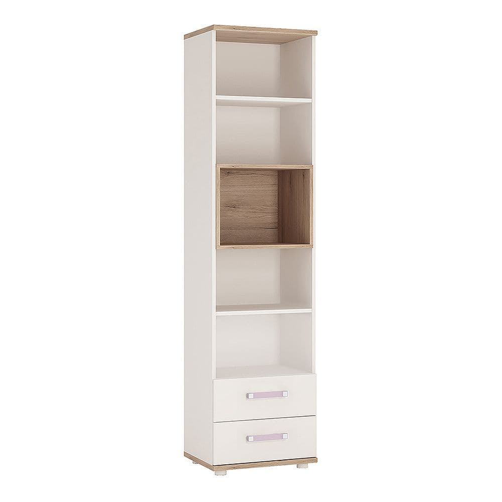 Kinder Tall 2 Drawer Bookcase in Light Oak and white High Gloss (lilac handles)